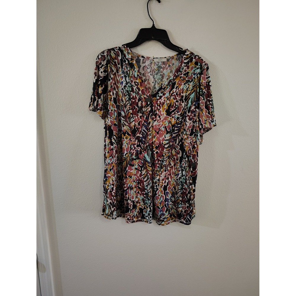 Jodifl V-Neck Abstract Floral Print Short Sleeve Blouse Top C12197 Large